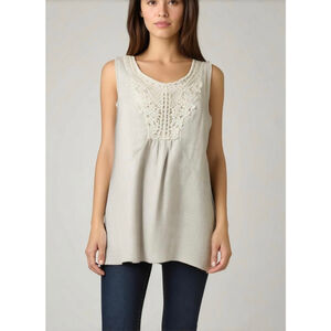 CalSyle Womens Sleeveless Top Beige Lace Detail Linen Blend Round Neck Coastal S